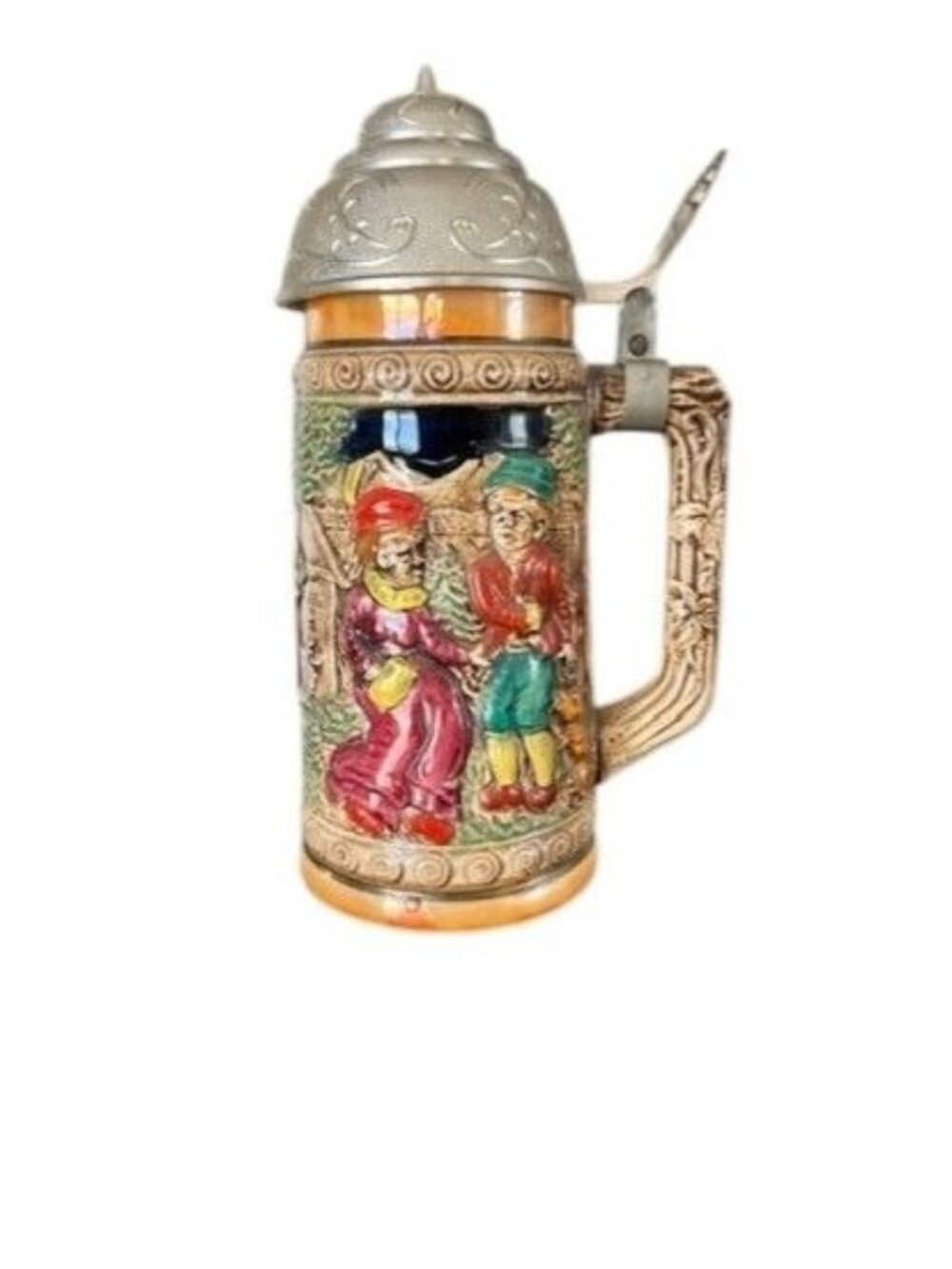 Vintage German Style Ceramic Beer Stein with Hinged Metal Lid - Colorful Emboss